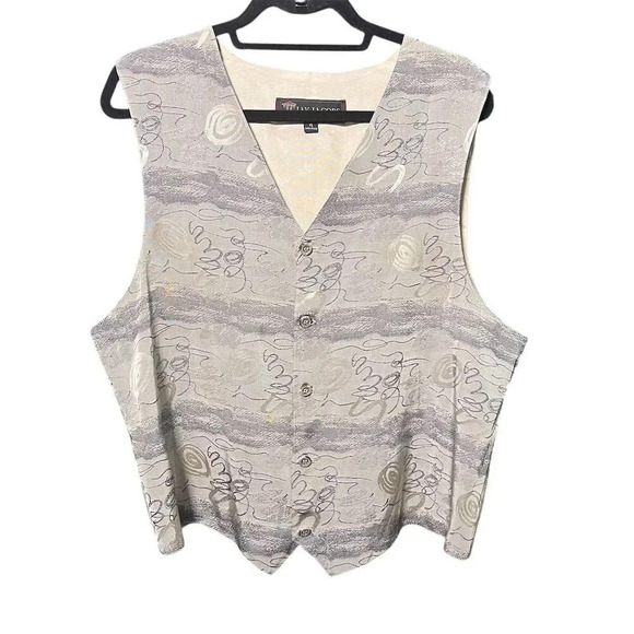 Unisex Silver Geometric Formal Vintage Silk Vest XL V-Neck Button Closure - Picture 1 of 9